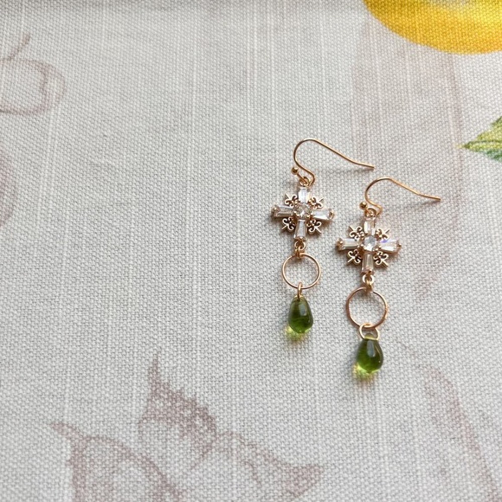 Czech Glass Cross Shape Forest Green Olive Boho Mini Hoop Dangle Casual Earrings